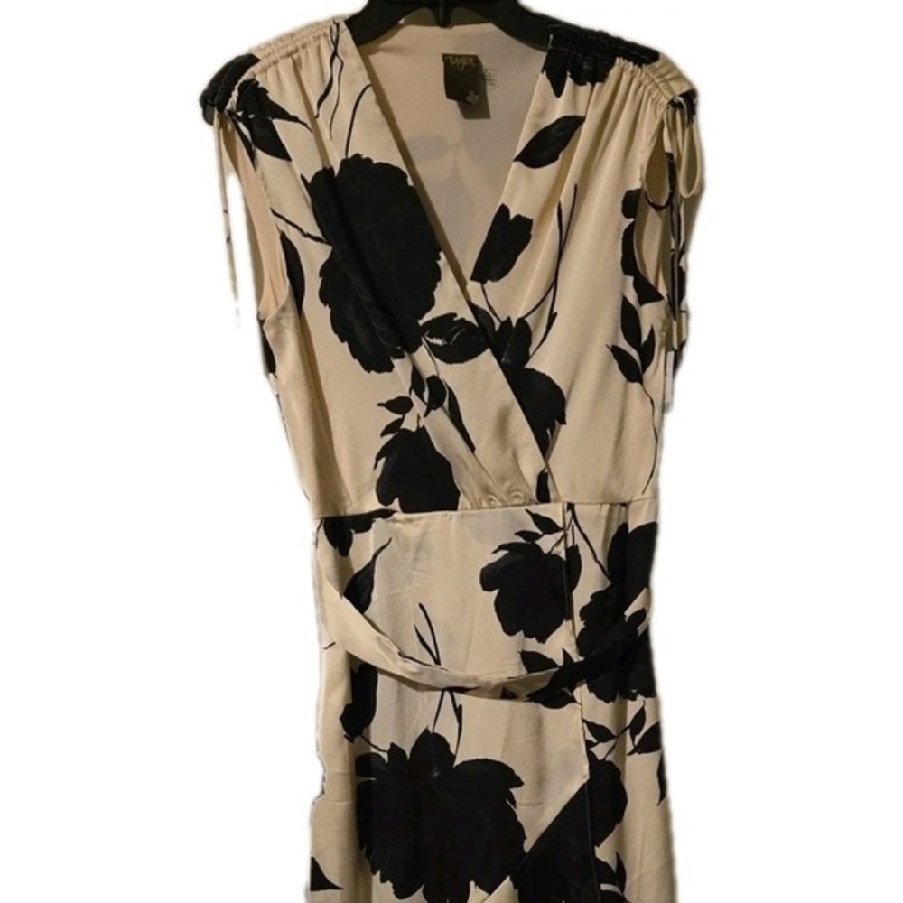 Taylor Floral Midi Dress Cream Black Wrap Neck Tassel Ruffle Hem 4143MK Size 8